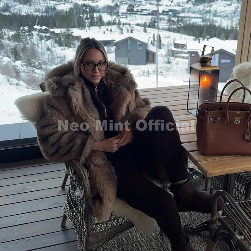 Neo Mint Vintage Luxury Fashion Hooded Faux Fur Coat Women 2025 Winter Slavic Style Girl Striped Fox Fur Jacket Long Overcoat