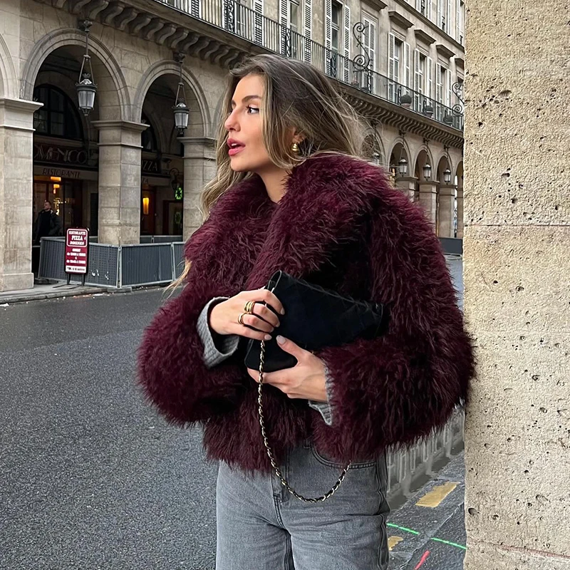 Neo Mint 2024 Winter Hot Trendy Iconic Blogger Fashion Burgundy Faux Fur Coat Women Overcoat Girls Shawl Collar Lamb Fur Jacket