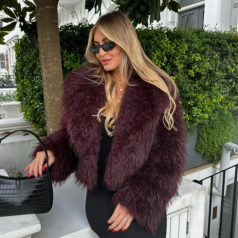 Neo Mint 2024 Winter Hot Trendy Iconic Blogger Fashion Burgundy Faux Fur Coat Women Overcoat Girls Shawl Collar Lamb Fur Jacket