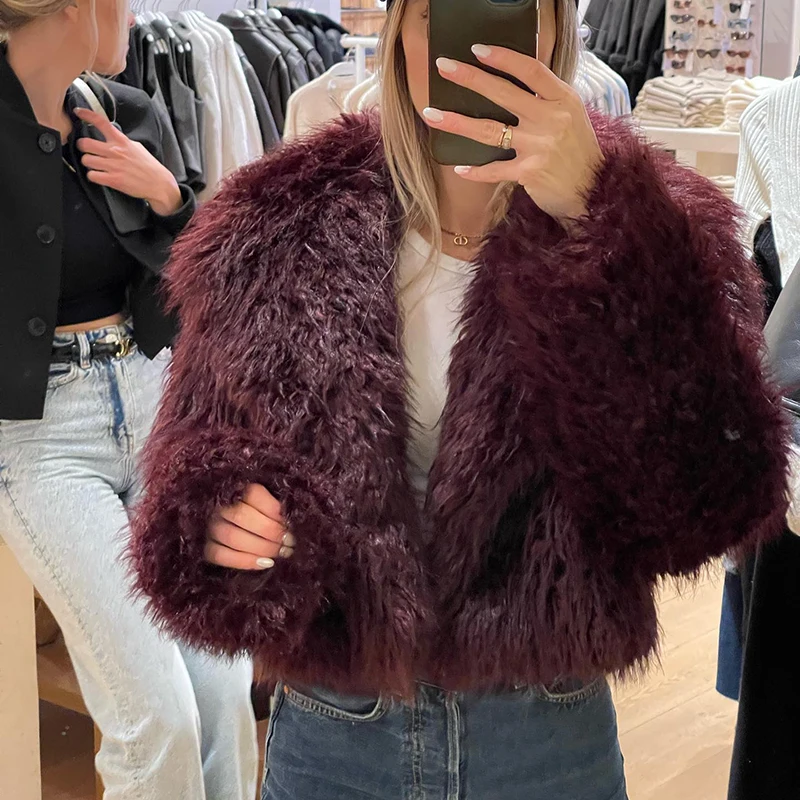 Neo Mint 2024 Winter Hot Trendy Iconic Blogger Fashion Burgundy Faux Fur Coat Women Overcoat Girls Shawl Collar Lamb Fur Jacket