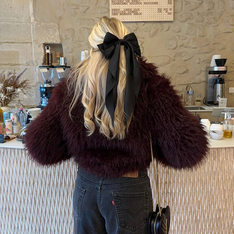 Neo Mint 2024 Winter Hot Trendy Iconic Blogger Fashion Burgundy Faux Fur Coat Women Overcoat Girls Shawl Collar Lamb Fur Jacket