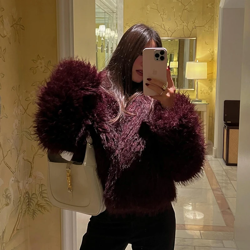 Neo Mint 2024 Winter Hot Trendy Iconic Blogger Fashion Burgundy Faux Fur Coat Women Overcoat Girls Shawl Collar Lamb Fur Jacket