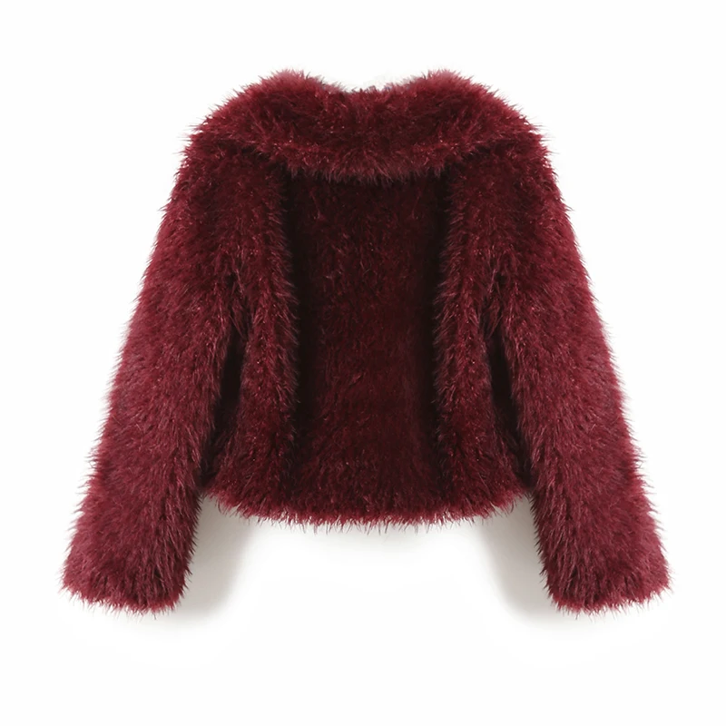 Neo Mint 2024 Winter Hot Trendy Iconic Blogger Fashion Burgundy Faux Fur Coat Women Overcoat Girls Shawl Collar Lamb Fur Jacket