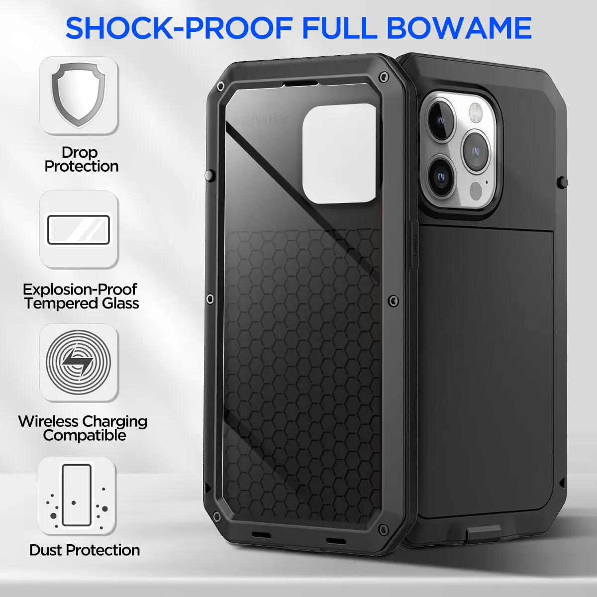 Heavy Duty Aluminum Metal Cover For iPhone 16 15 14 13 12 11 ProMax Shockproof Gorilla Glass Metal Case For iPhone XS Max XR 7 8