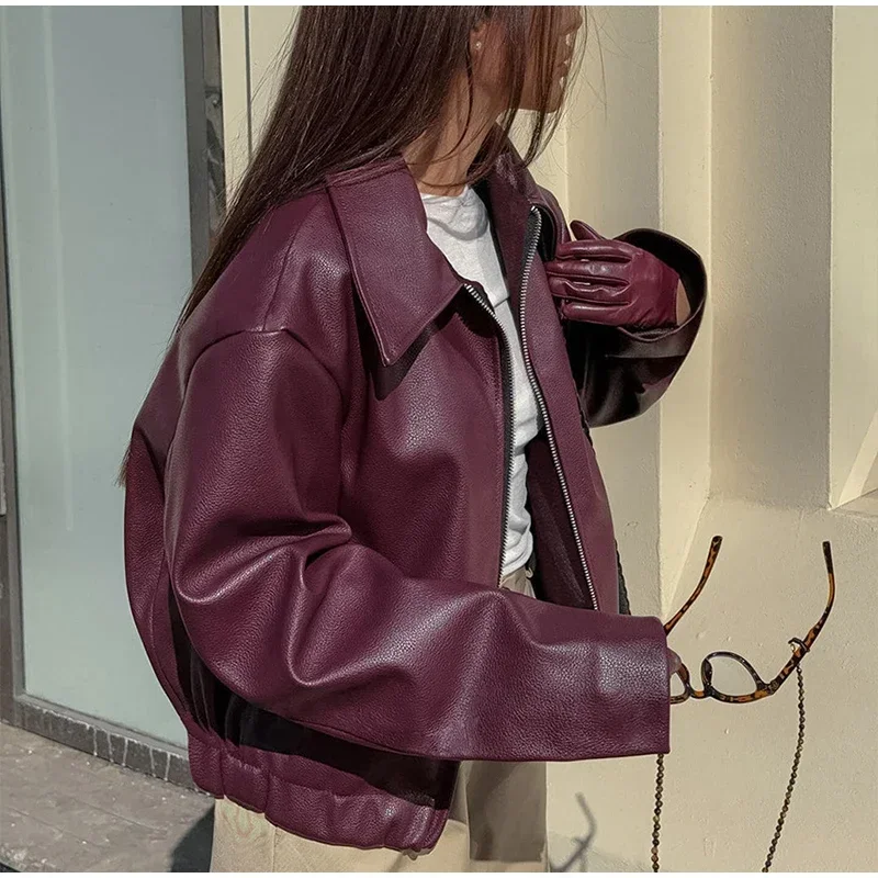 Zekye Spring Summer Women Jackets Fashion Lapel Zipper Long Sleeve Female Coats Lady Street Outwear Burgundy Leather Jacket