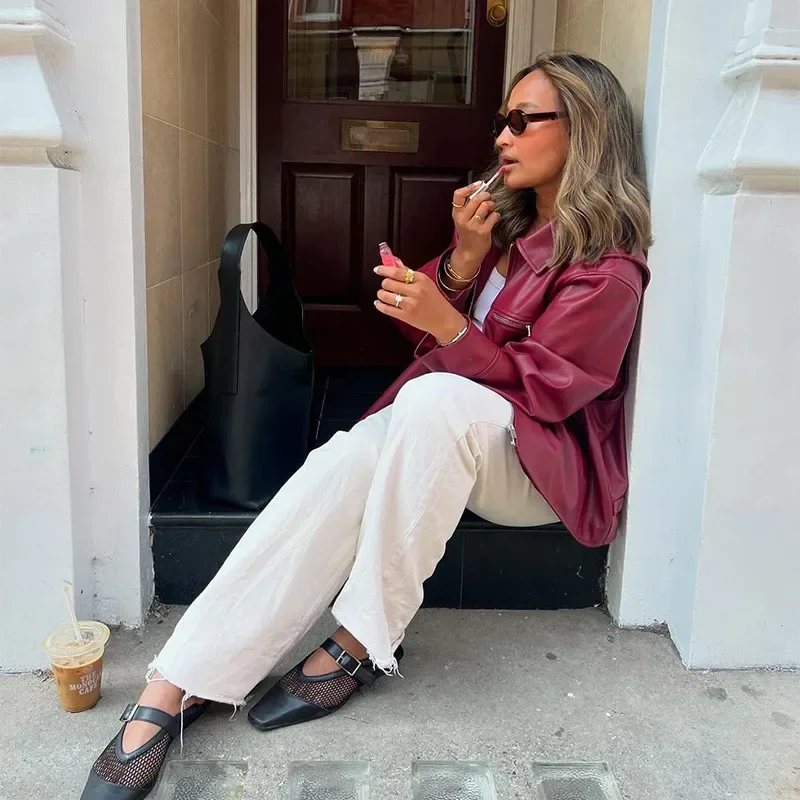 Zekye Spring Summer Women Jackets Fashion Lapel Zipper Long Sleeve Female Coats Lady Street Outwear Burgundy Leather Jacket