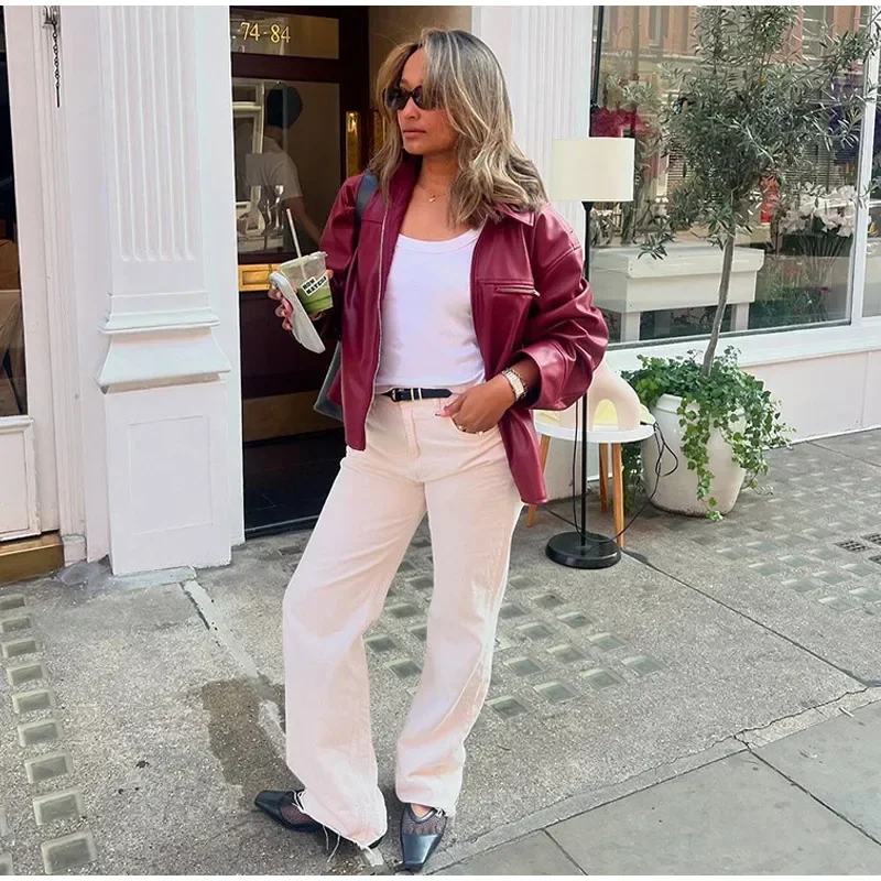 Zekye Spring Summer Women Jackets Fashion Lapel Zipper Long Sleeve Female Coats Lady Street Outwear Burgundy Leather Jacket