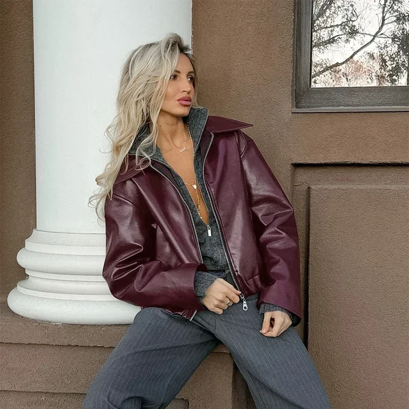 Zekye Spring Summer Women Jackets Fashion Lapel Zipper Long Sleeve Female Coats Lady Street Outwear Burgundy Leather Jacket