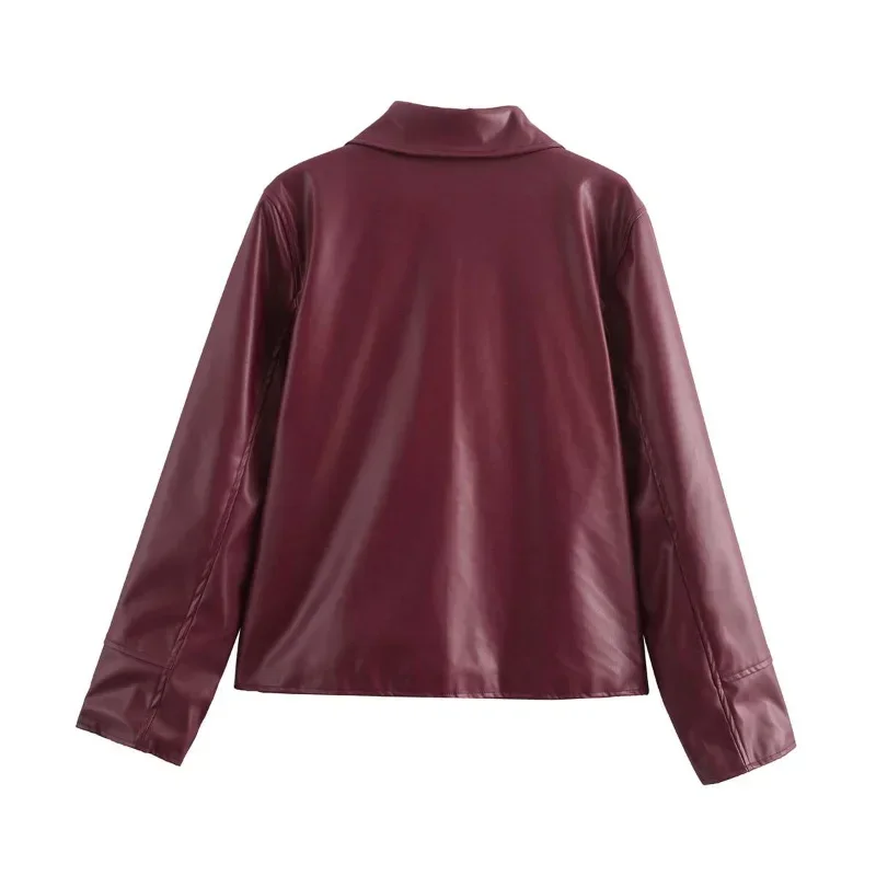 Zekye Spring Summer Women Jackets Fashion Lapel Zipper Long Sleeve Female Coats Lady Street Outwear Burgundy Leather Jacket