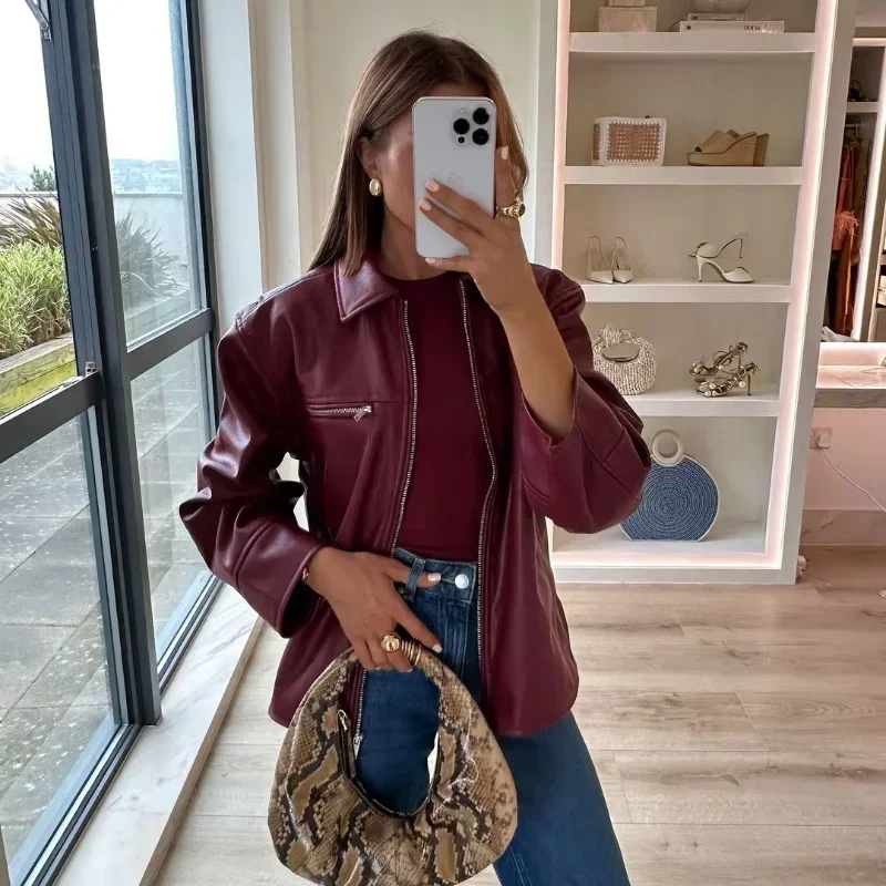 Zekye Spring Summer Women Jackets Fashion Lapel Zipper Long Sleeve Female Coats Lady Street Outwear Burgundy Leather Jacket