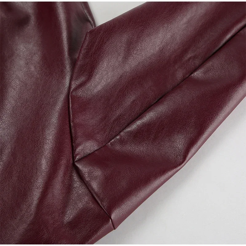 Zekye Spring Summer Women Jackets Fashion Lapel Zipper Long Sleeve Female Coats Lady Street Outwear Burgundy Leather Jacket