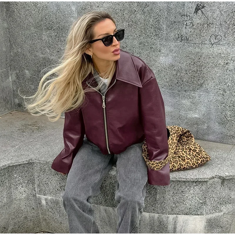 Zekye Spring Summer Women Jackets Fashion Lapel Zipper Long Sleeve Female Coats Lady Street Outwear Burgundy Leather Jacket