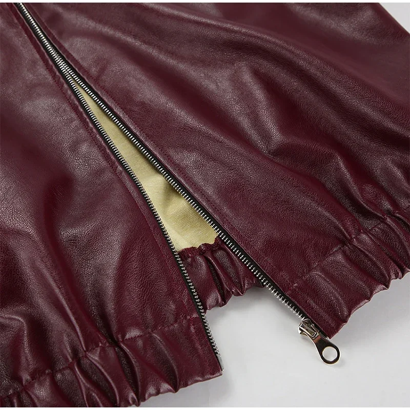Zekye Spring Summer Women Jackets Fashion Lapel Zipper Long Sleeve Female Coats Lady Street Outwear Burgundy Leather Jacket