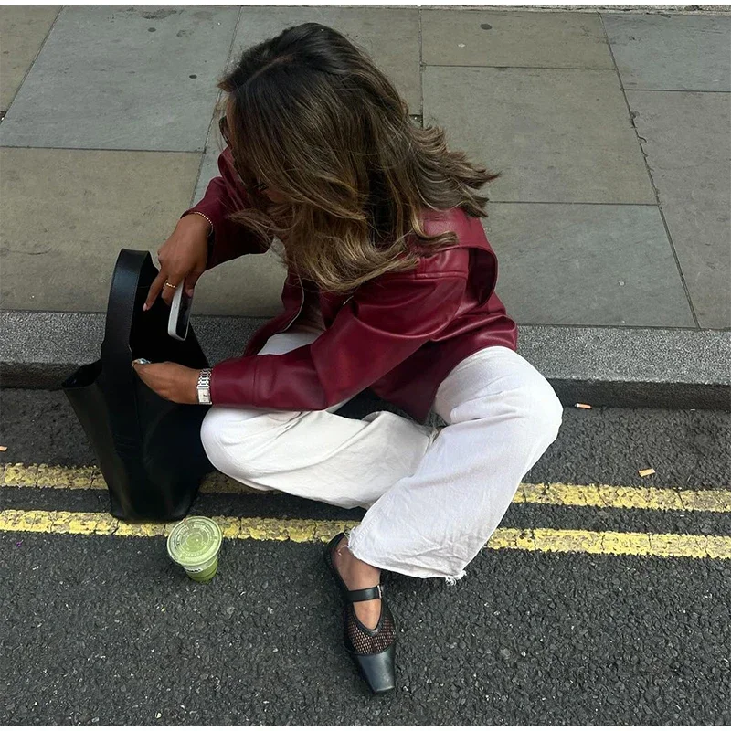 Zekye Spring Summer Women Jackets Fashion Lapel Zipper Long Sleeve Female Coats Lady Street Outwear Burgundy Leather Jacket