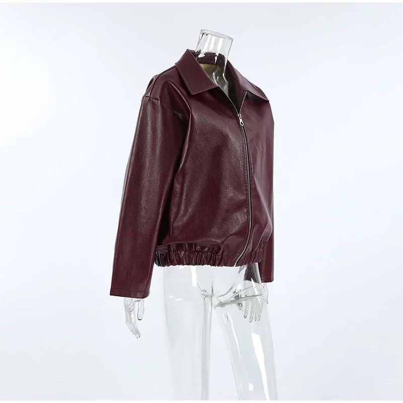 Zekye Spring Summer Women Jackets Fashion Lapel Zipper Long Sleeve Female Coats Lady Street Outwear Burgundy Leather Jacket