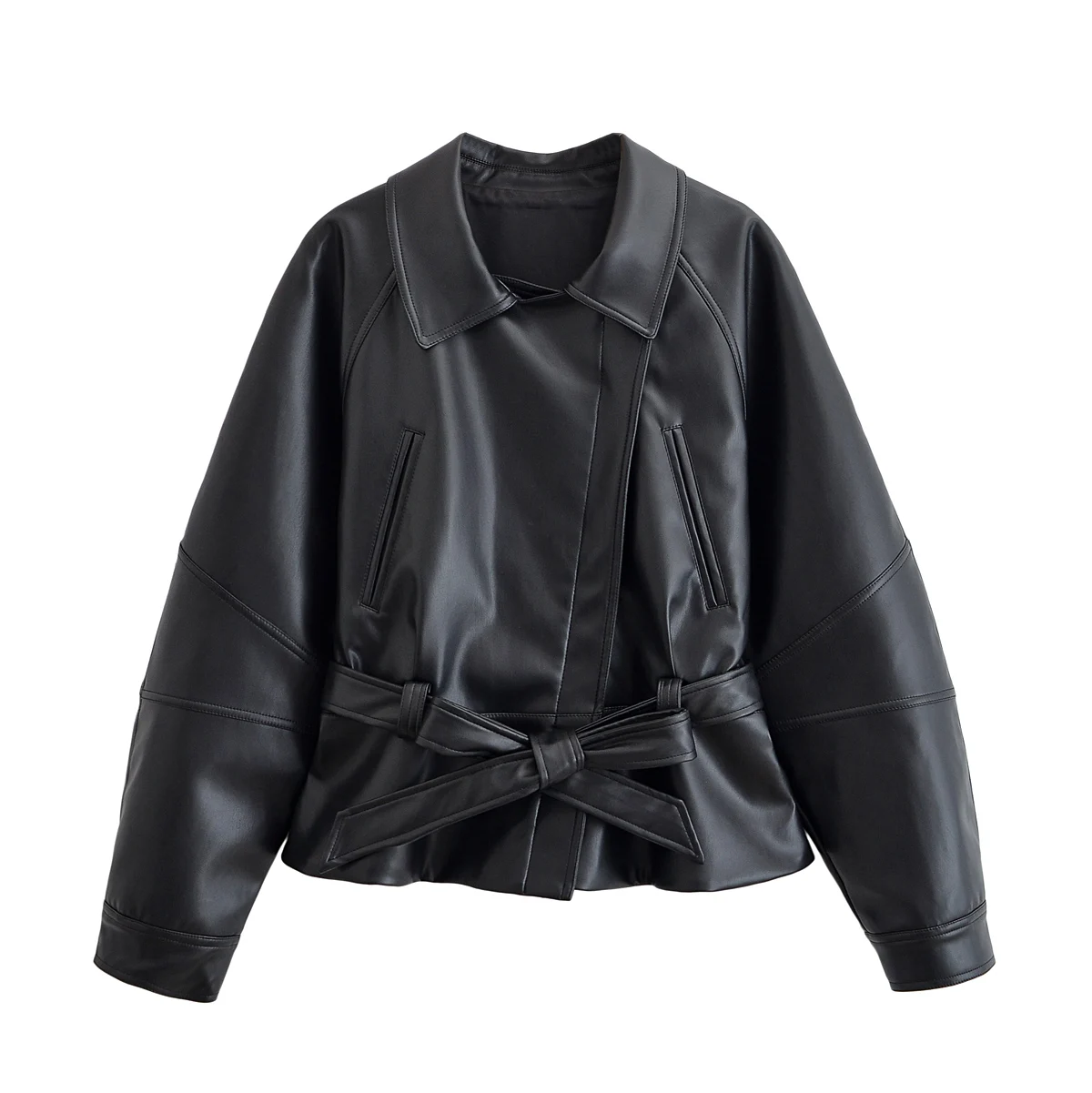 HH Women Fashion Black Short Faux Leather Trench Coat Long Sleeve Lapel Jacket With Belt Vintage Lady Motorcycle Jacket Outwear