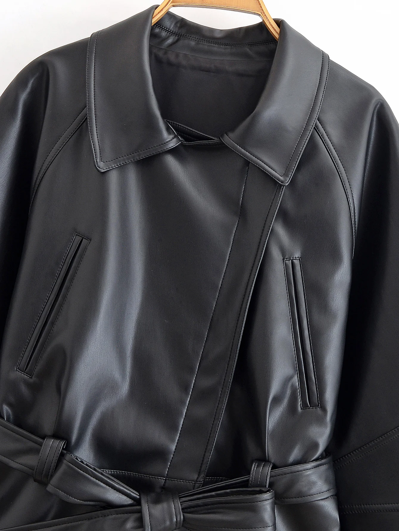HH Women Fashion Black Short Faux Leather Trench Coat Long Sleeve Lapel Jacket With Belt Vintage Lady Motorcycle Jacket Outwear