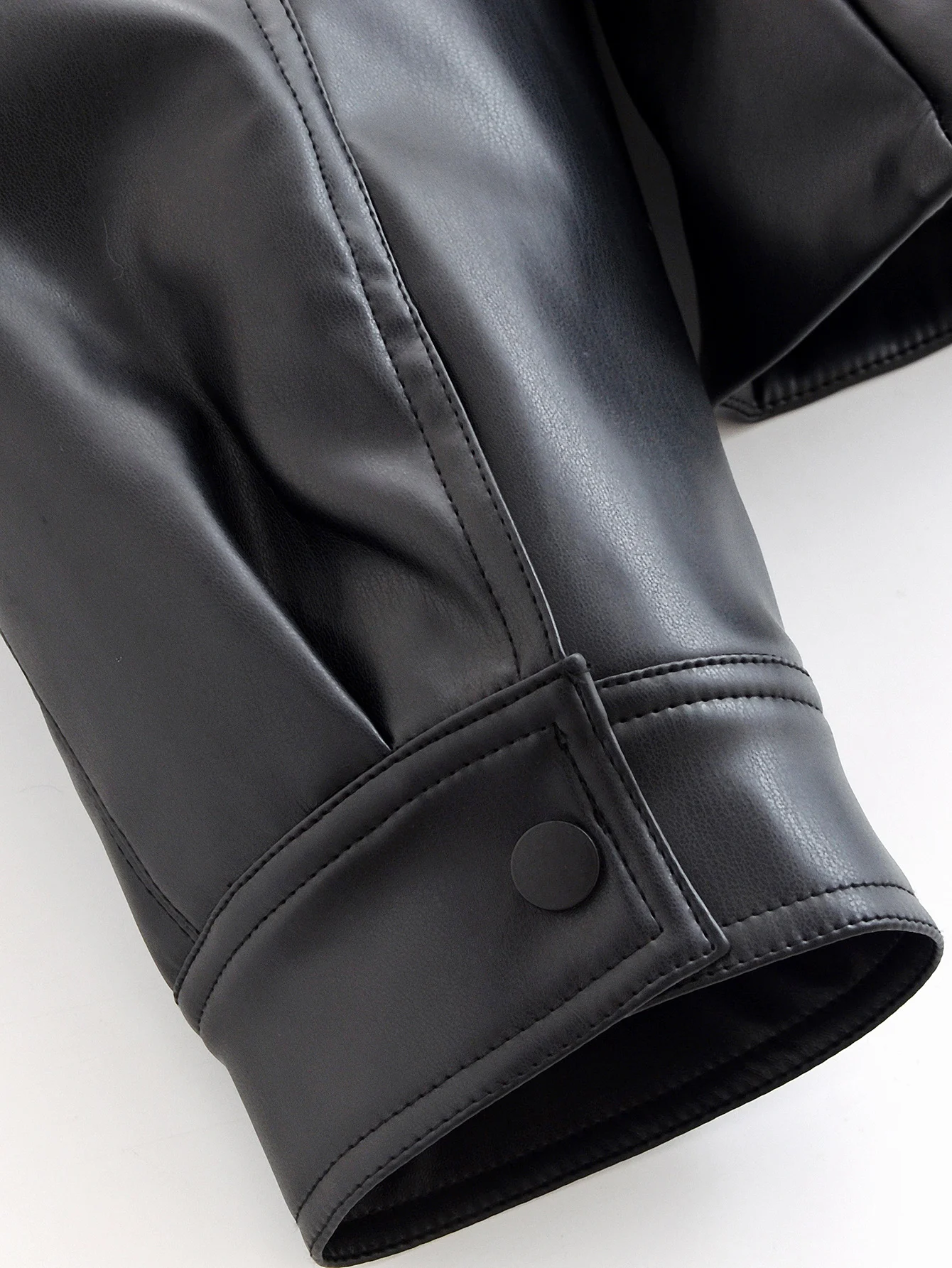 HH Women Fashion Black Short Faux Leather Trench Coat Long Sleeve Lapel Jacket With Belt Vintage Lady Motorcycle Jacket Outwear