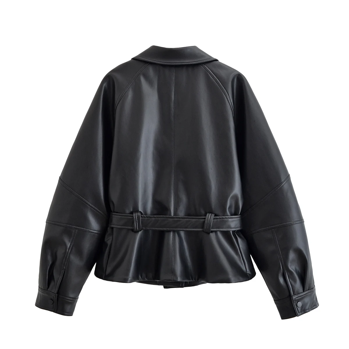 HH Women Fashion Black Short Faux Leather Trench Coat Long Sleeve Lapel Jacket With Belt Vintage Lady Motorcycle Jacket Outwear