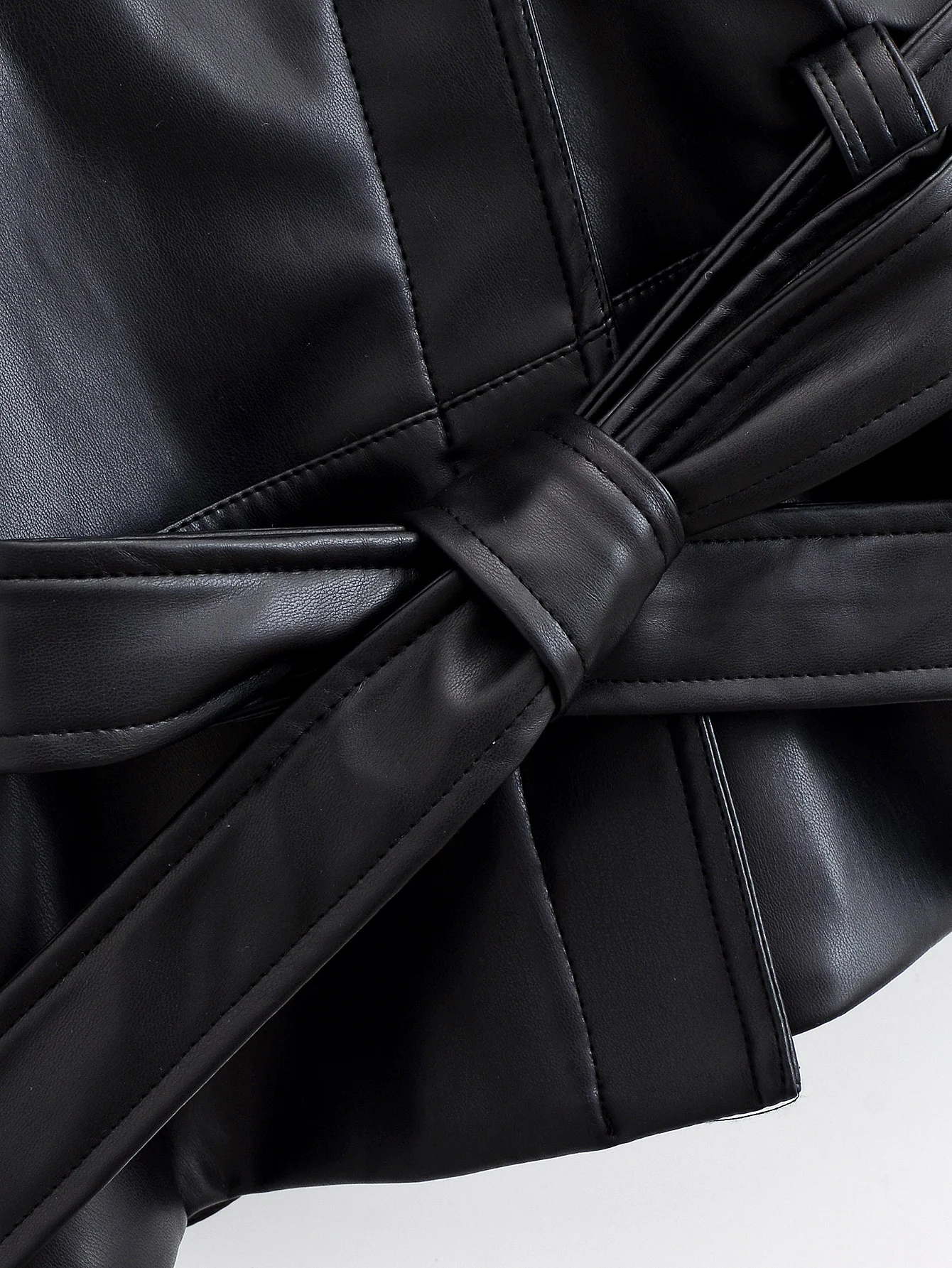 HH Women Fashion Black Short Faux Leather Trench Coat Long Sleeve Lapel Jacket With Belt Vintage Lady Motorcycle Jacket Outwear