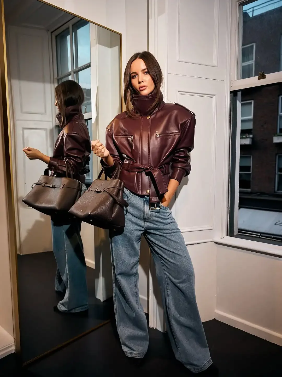 Solid Burgundy Waist Cinching Jacket Women Fashion Lace Up Stand Collar Zipper Bucket Short Jackets 2025 Lady High Street Coat
