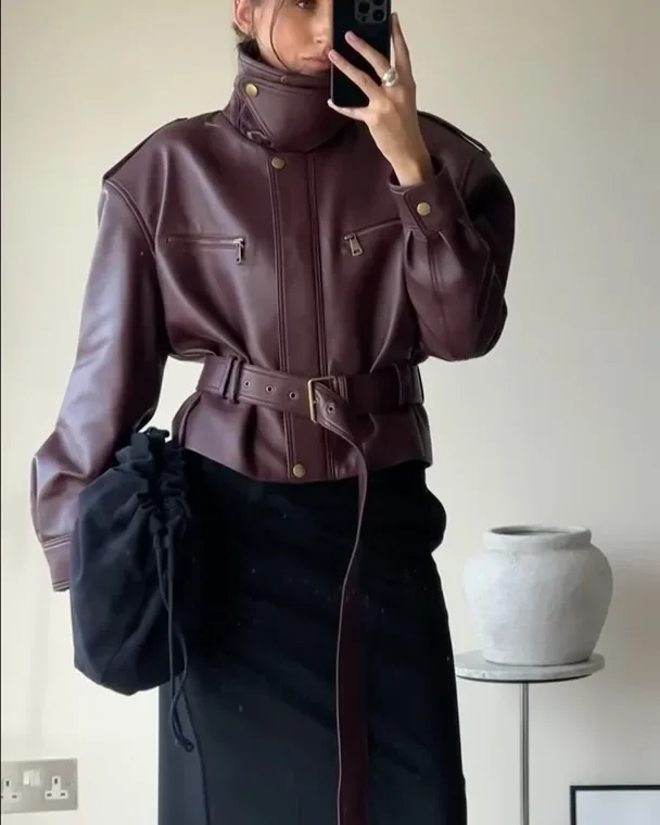 Solid Burgundy Waist Cinching Jacket Women Fashion Lace Up Stand Collar Zipper Bucket Short Jackets 2025 Lady High Street Coat
