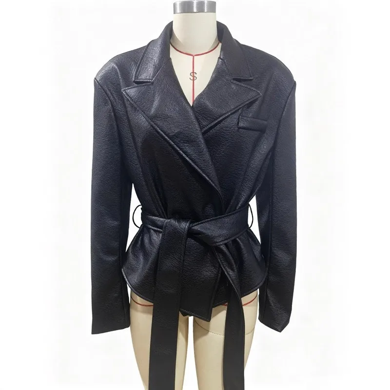 Motorcycle PU Leather Jacket Women 2026 Lace Up Turndown Collar Short Coat Jacket Full Sleeve Soft Leather Jacket New Outwear