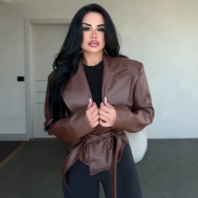 Motorcycle PU Leather Jacket Women 2026 Lace Up Turndown Collar Short Coat Jacket Full Sleeve Soft Leather Jacket New Outwear