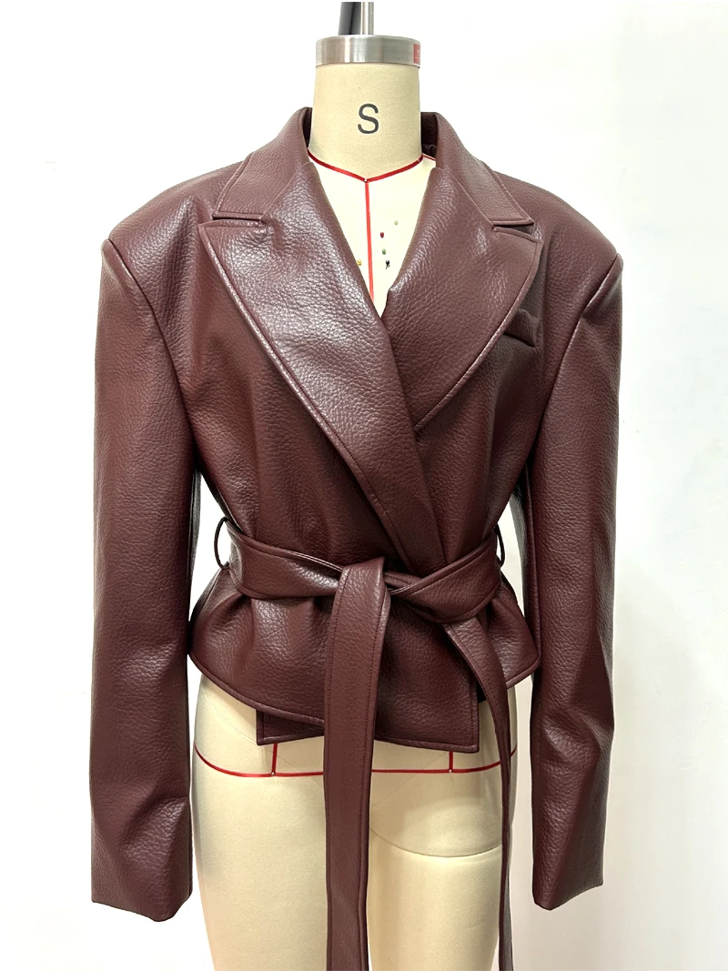 Motorcycle PU Leather Jacket Women 2026 Lace Up Turndown Collar Short Coat Jacket Full Sleeve Soft Leather Jacket New Outwear