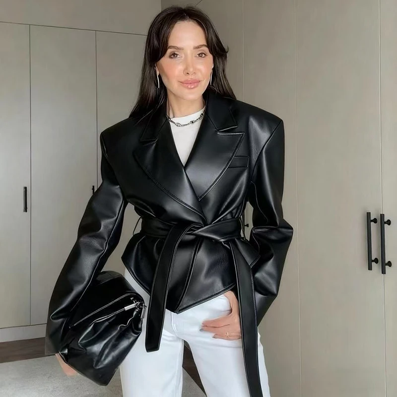 Motorcycle PU Leather Jacket Women 2026 Lace Up Turndown Collar Short Coat Jacket Full Sleeve Soft Leather Jacket New Outwear