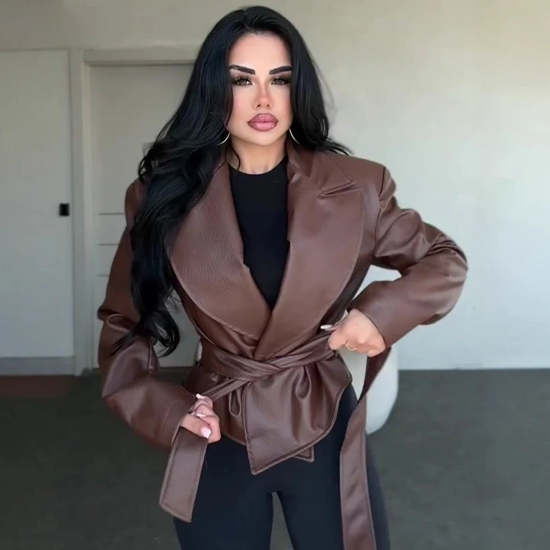 Motorcycle PU Leather Jacket Women 2026 Lace Up Turndown Collar Short Coat Jacket Full Sleeve Soft Leather Jacket New Outwear