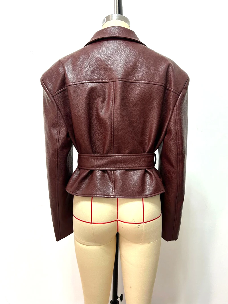 Motorcycle PU Leather Jacket Women 2026 Lace Up Turndown Collar Short Coat Jacket Full Sleeve Soft Leather Jacket New Outwear