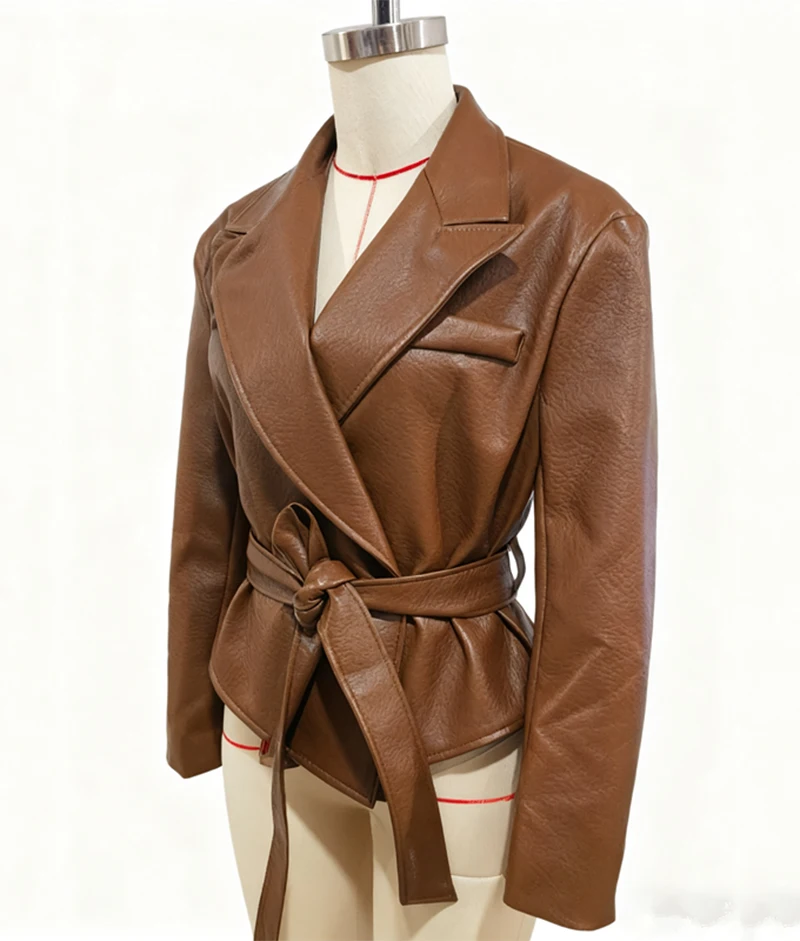 Motorcycle PU Leather Jacket Women 2026 Lace Up Turndown Collar Short Coat Jacket Full Sleeve Soft Leather Jacket New Outwear