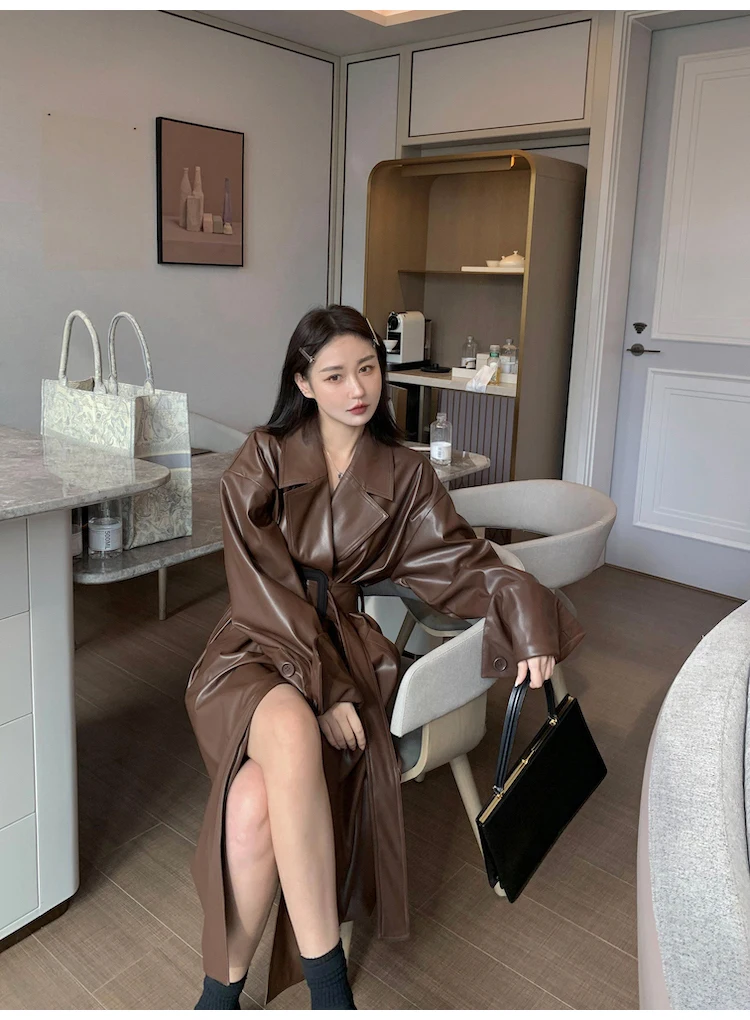 Lautaro Long Oversized PU Leather Trench Coat for Women Long Sleeve Lapel Loose Fit Fall Stylish Black Women Clothing Streetwear