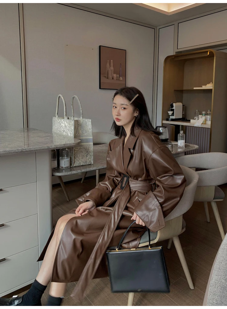 Lautaro Long Oversized PU Leather Trench Coat for Women Long Sleeve Lapel Loose Fit Fall Stylish Black Women Clothing Streetwear