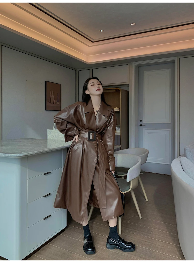 Lautaro Long Oversized PU Leather Trench Coat for Women Long Sleeve Lapel Loose Fit Fall Stylish Black Women Clothing Streetwear