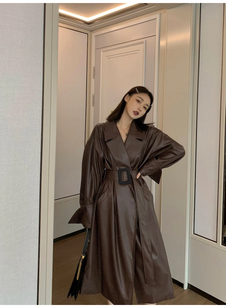 Lautaro Long Oversized PU Leather Trench Coat for Women Long Sleeve Lapel Loose Fit Fall Stylish Black Women Clothing Streetwear