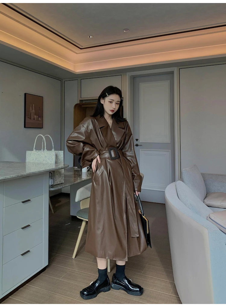 Lautaro Long Oversized PU Leather Trench Coat for Women Long Sleeve Lapel Loose Fit Fall Stylish Black Women Clothing Streetwear