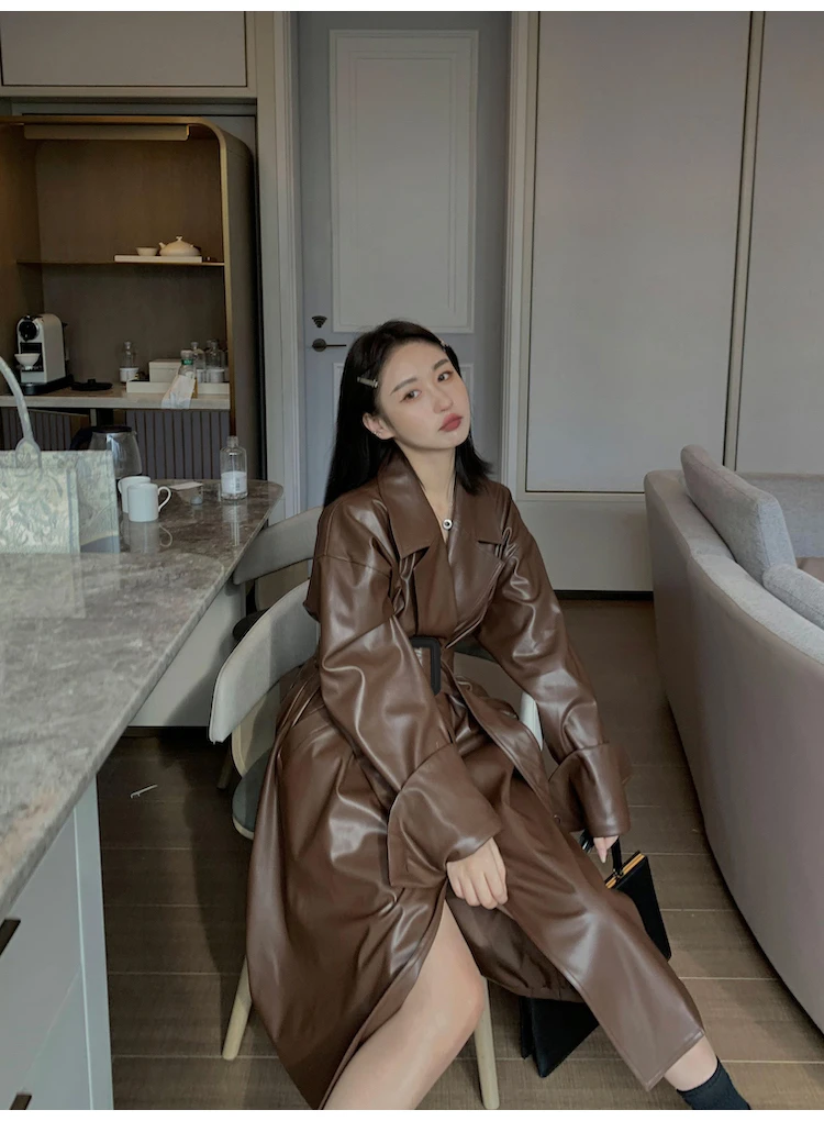 Lautaro Long Oversized PU Leather Trench Coat for Women Long Sleeve Lapel Loose Fit Fall Stylish Black Women Clothing Streetwear