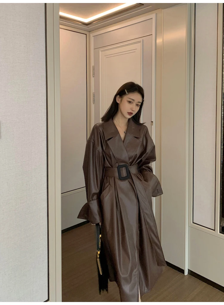 Lautaro Long Oversized PU Leather Trench Coat for Women Long Sleeve Lapel Loose Fit Fall Stylish Black Women Clothing Streetwear