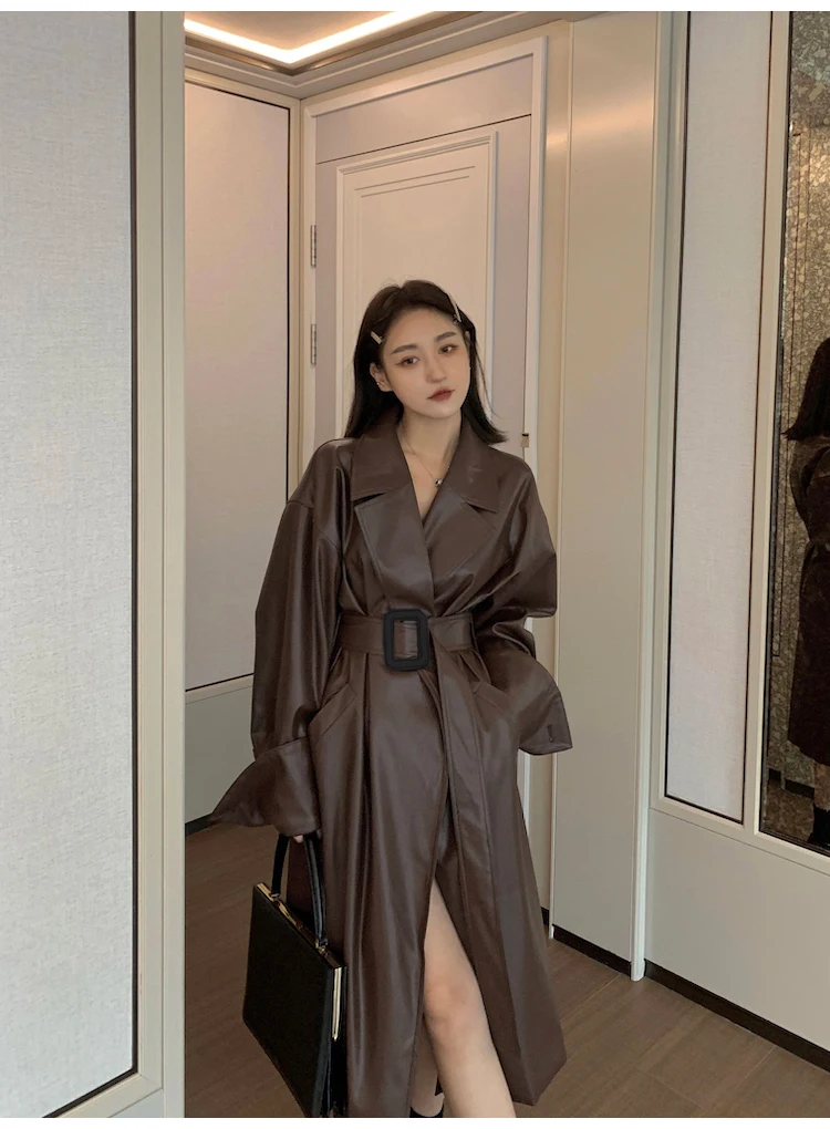 Lautaro Long Oversized PU Leather Trench Coat for Women Long Sleeve Lapel Loose Fit Fall Stylish Black Women Clothing Streetwear