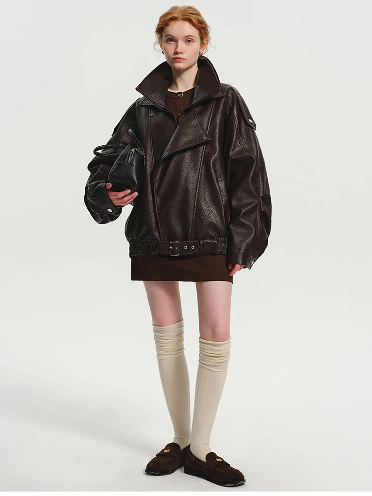 Lautaro Spring Autumn Cool Brown Oversized Pu Leather Jacket Women Long Sleeve Zip Up Luxury Designer American Retro Clothing