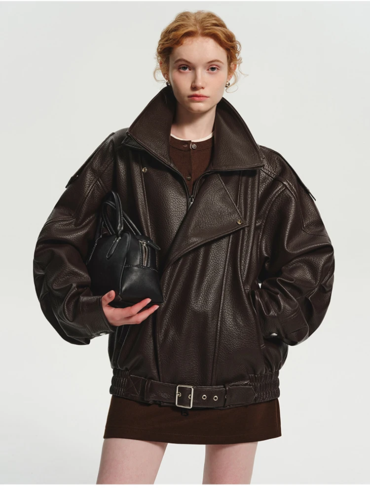 Lautaro Spring Autumn Cool Brown Oversized Pu Leather Jacket Women Long Sleeve Zip Up Luxury Designer American Retro Clothing