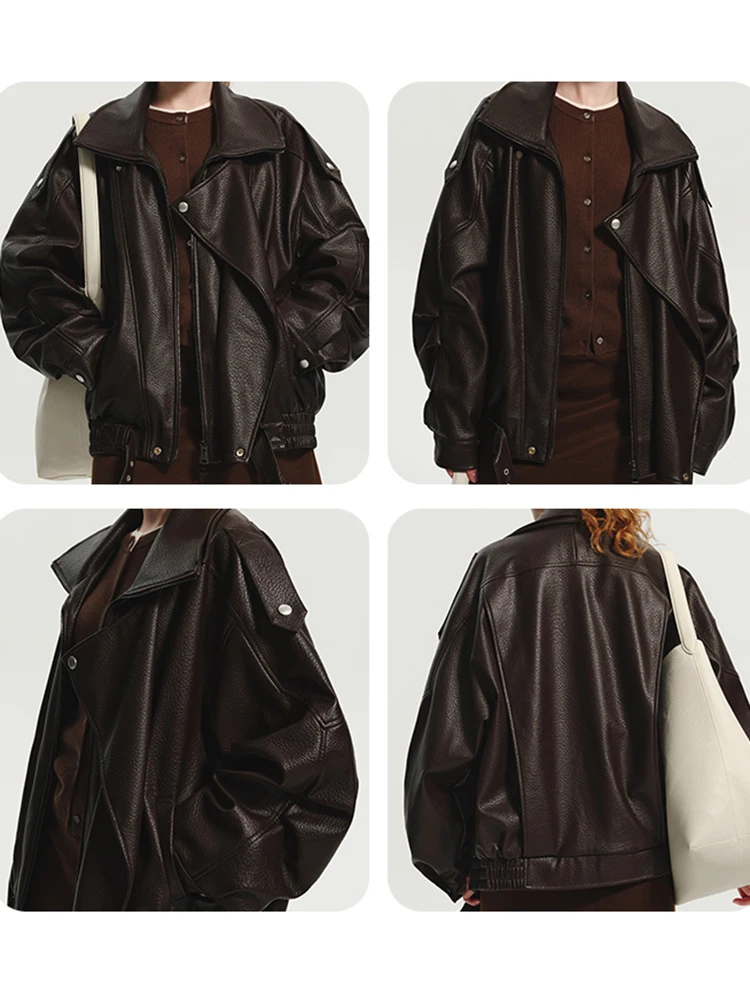 Lautaro Spring Autumn Cool Brown Oversized Pu Leather Jacket Women Long Sleeve Zip Up Luxury Designer American Retro Clothing