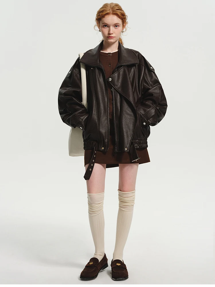 Lautaro Spring Autumn Cool Brown Oversized Pu Leather Jacket Women Long Sleeve Zip Up Luxury Designer American Retro Clothing