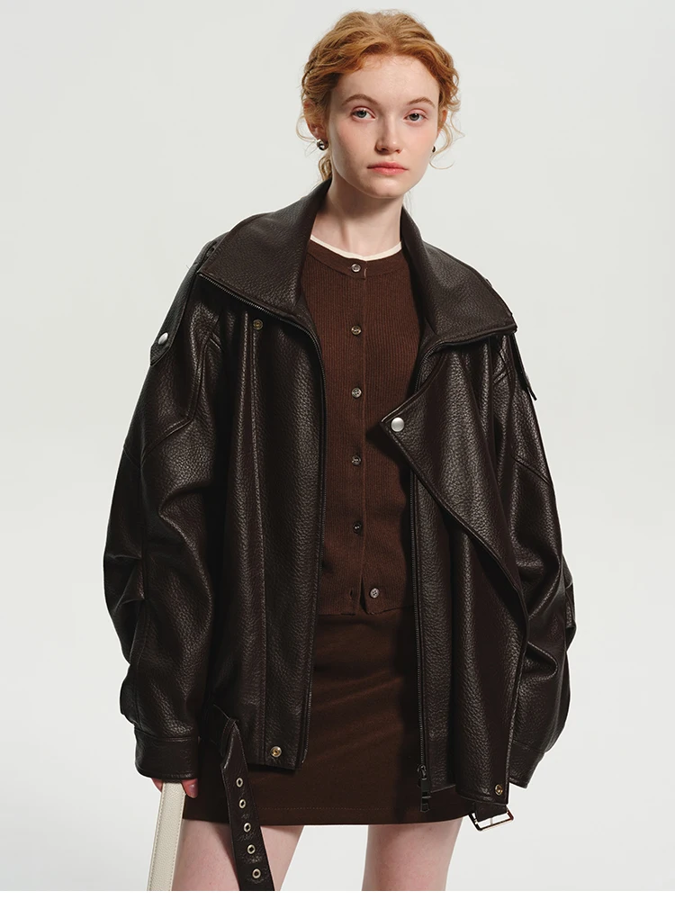 Lautaro Spring Autumn Cool Brown Oversized Pu Leather Jacket Women Long Sleeve Zip Up Luxury Designer American Retro Clothing