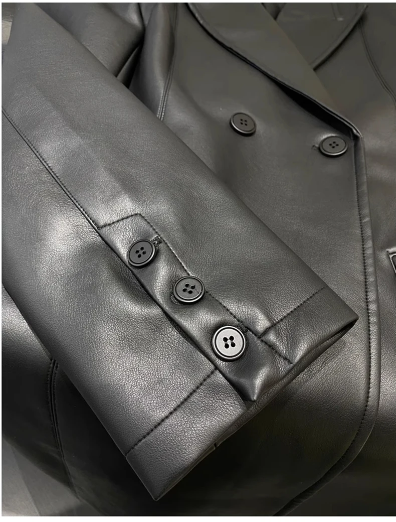 Lautaro Spring Autumn Extra Long Black Loose Pu Leather Trench Coat for Women Shoulder Pads Double Breasted Faux Leather Blazer