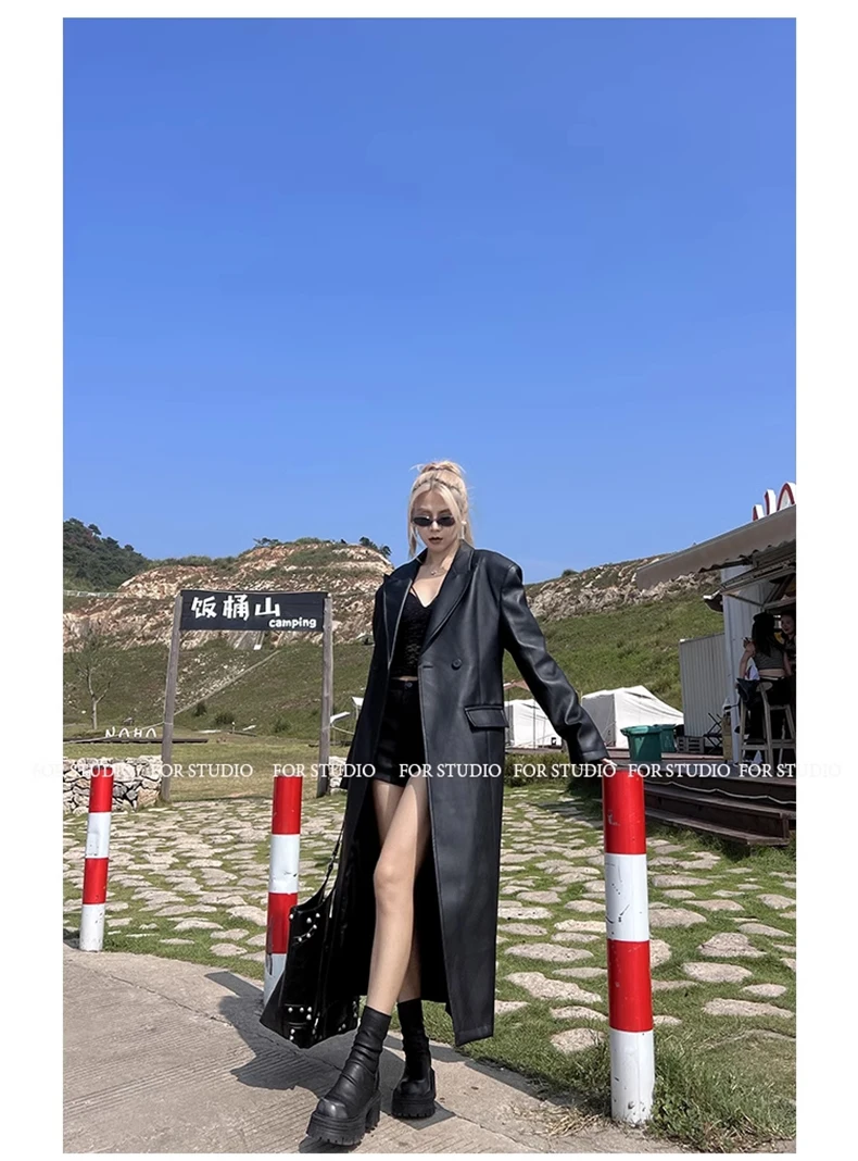 Lautaro Spring Autumn Extra Long Black Loose Pu Leather Trench Coat for Women Shoulder Pads Double Breasted Faux Leather Blazer