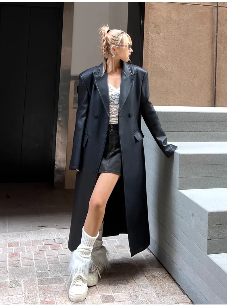 Lautaro Spring Autumn Extra Long Black Loose Pu Leather Trench Coat for Women Shoulder Pads Double Breasted Faux Leather Blazer