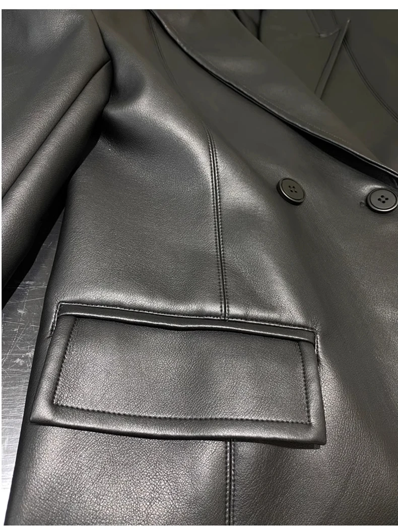 Lautaro Spring Autumn Extra Long Black Loose Pu Leather Trench Coat for Women Shoulder Pads Double Breasted Faux Leather Blazer